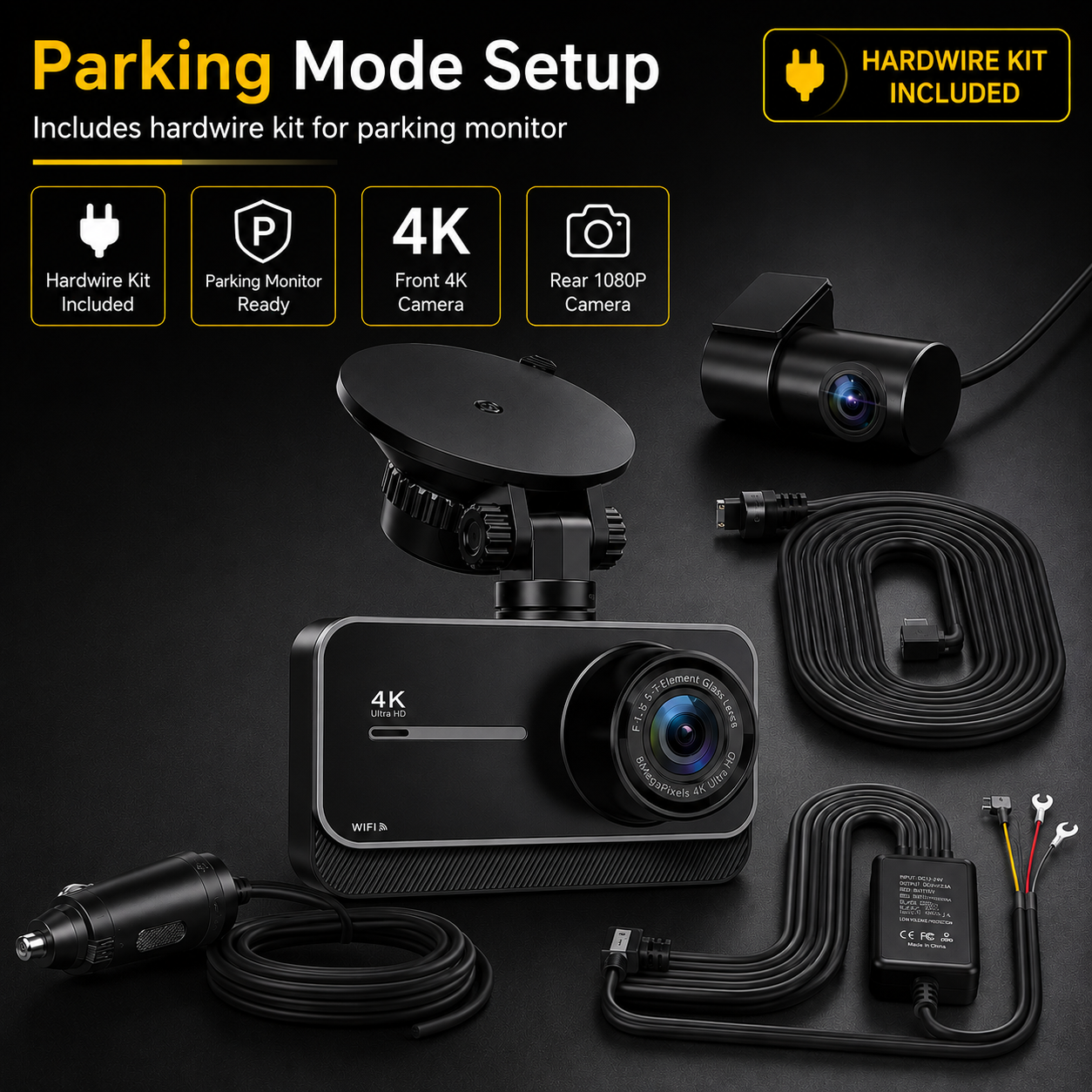 4K Front & Rear Dash Cam — WiFi, Built-in GPS, 24H Parking Mode, Night Vision, 170° Wide Angle