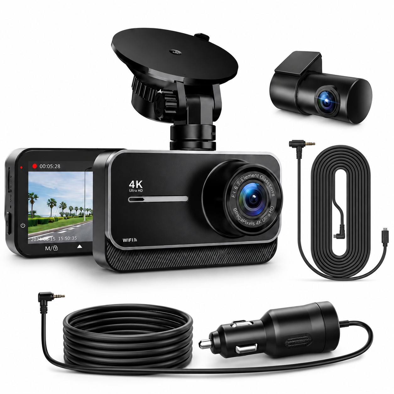 4K Front & Rear Dash Cam — WiFi, Built-in GPS, 24H Parking Mode, Night Vision, 170° Wide Angle