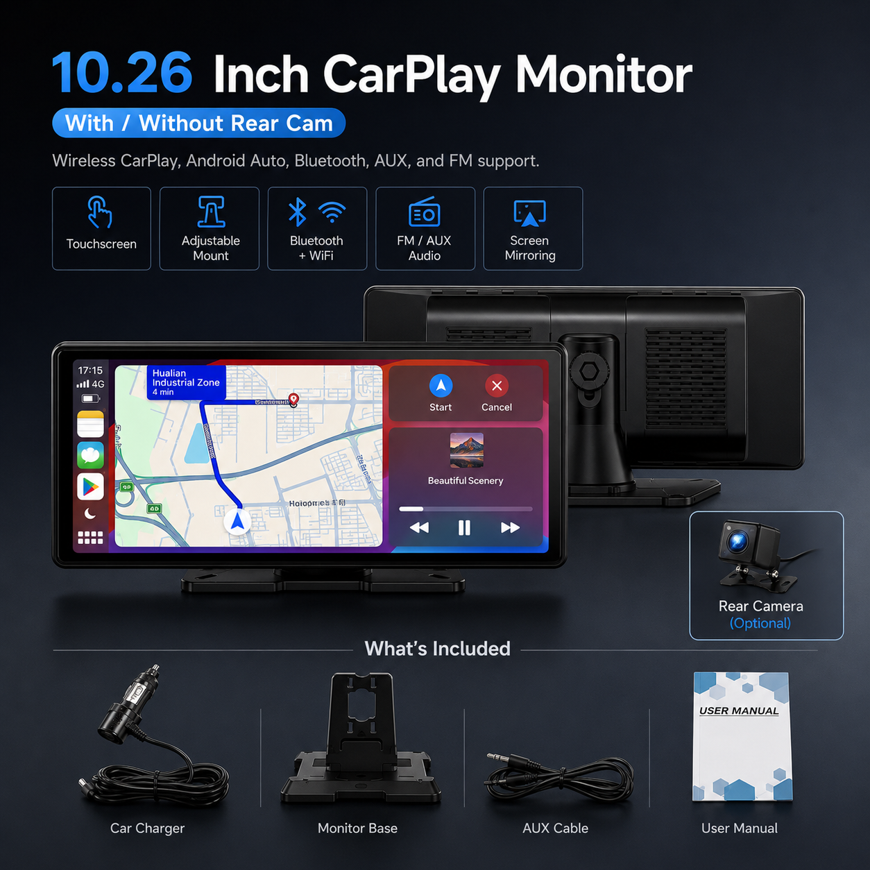 Portable Wireless CarPlay & Android Auto Screen — Plug-In Car Stereo Upgrade