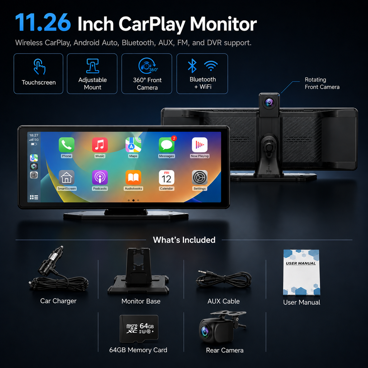 Portable Wireless CarPlay & Android Auto Screen — Plug-In Car Stereo Upgrade