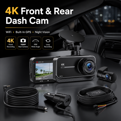 4K Front & Rear Dash Cam — WiFi, Built-in GPS, 24H Parking Mode, Night Vision, 170° Wide Angle