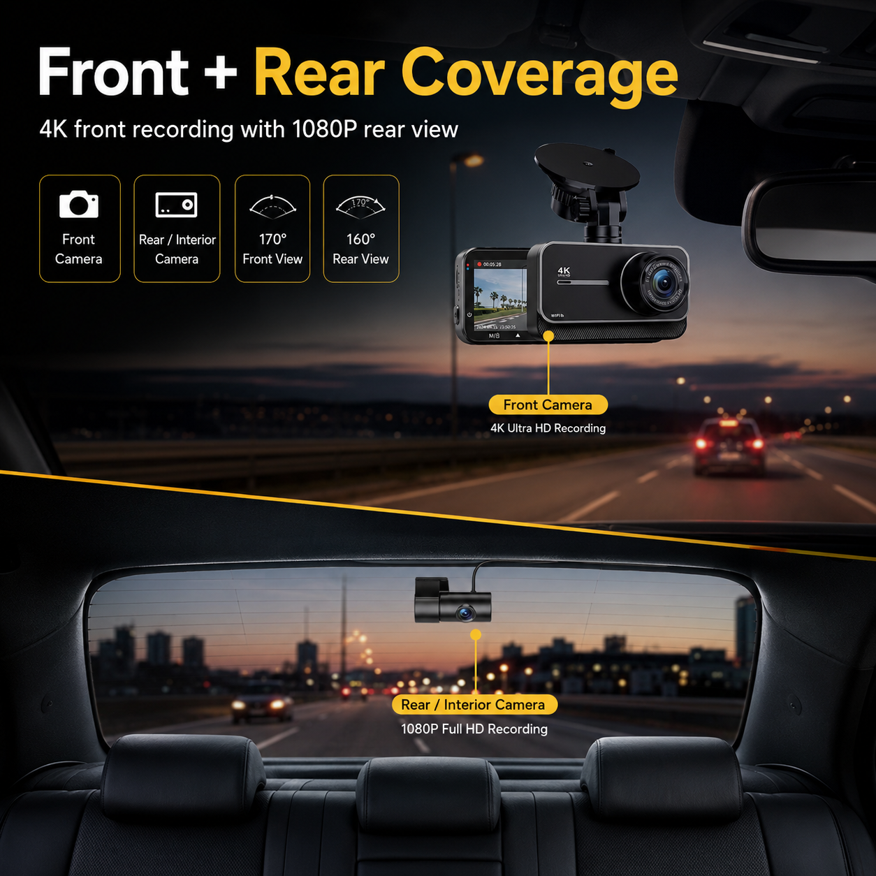 4K Front & Rear Dash Cam — WiFi, Built-in GPS, 24H Parking Mode, Night Vision, 170° Wide Angle