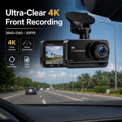 4K Front & Rear Dash Cam — WiFi, Built-in GPS, 24H Parking Mode, Night Vision, 170° Wide Angle