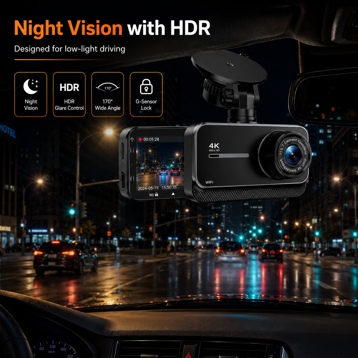 4K Front & Rear Dash Cam — WiFi, Built-in GPS, 24H Parking Mode, Night Vision, 170° Wide Angle