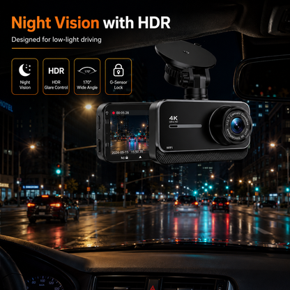 4K Front & Rear Dash Cam — WiFi, Built-in GPS, 24H Parking Mode, Night Vision, 170° Wide Angle