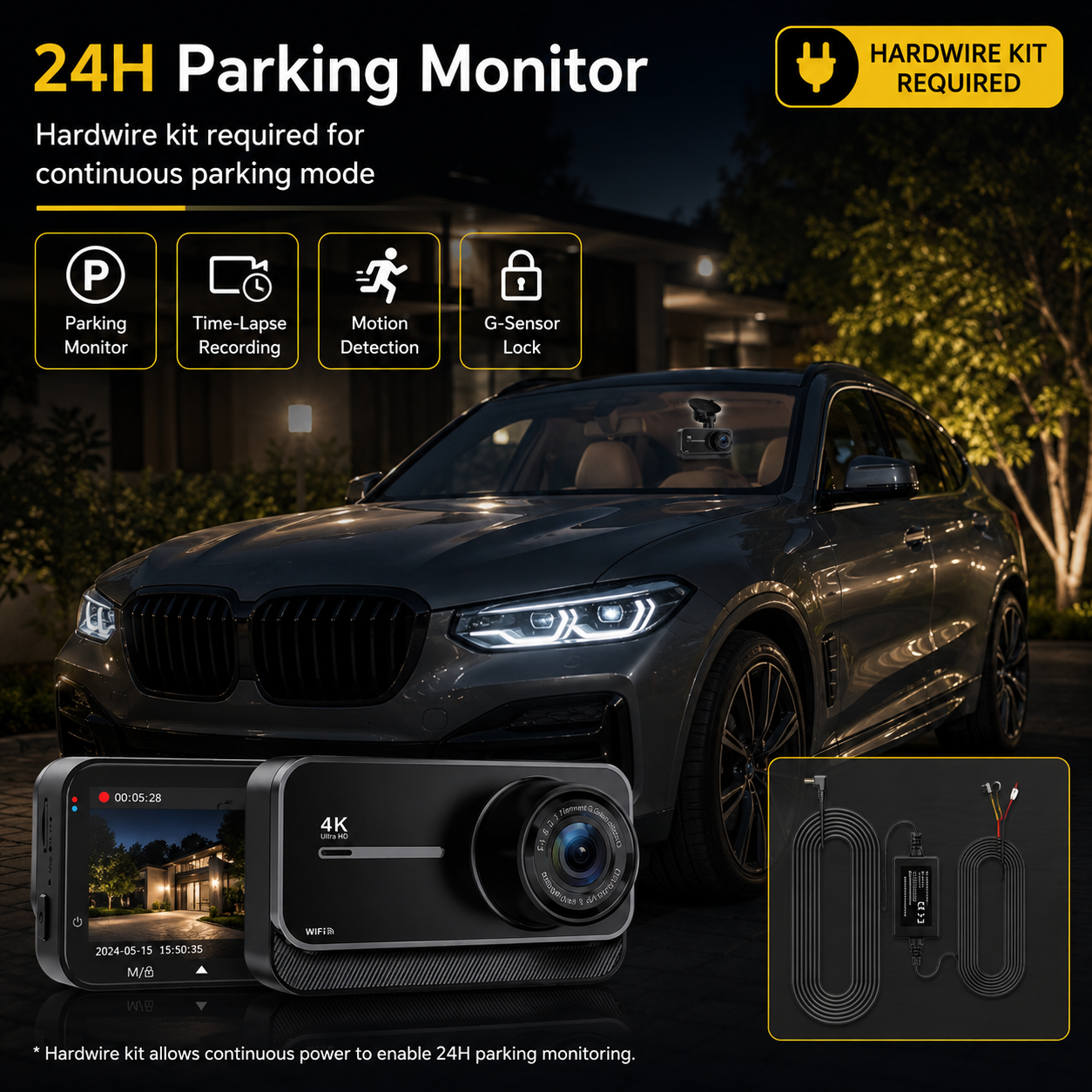 4K Front & Rear Dash Cam — WiFi, Built-in GPS, 24H Parking Mode, Night Vision, 170° Wide Angle