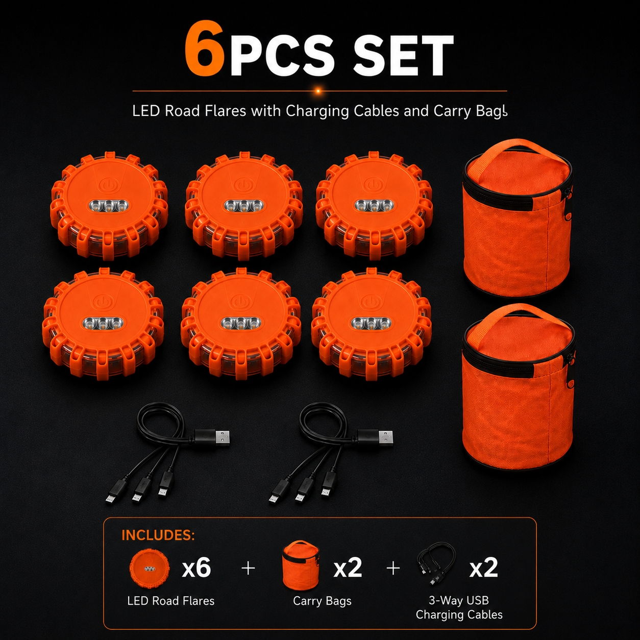 USB Rechargeable LED Road Flares — Magnetic Emergency Safety Beacon, 3-12 Pack