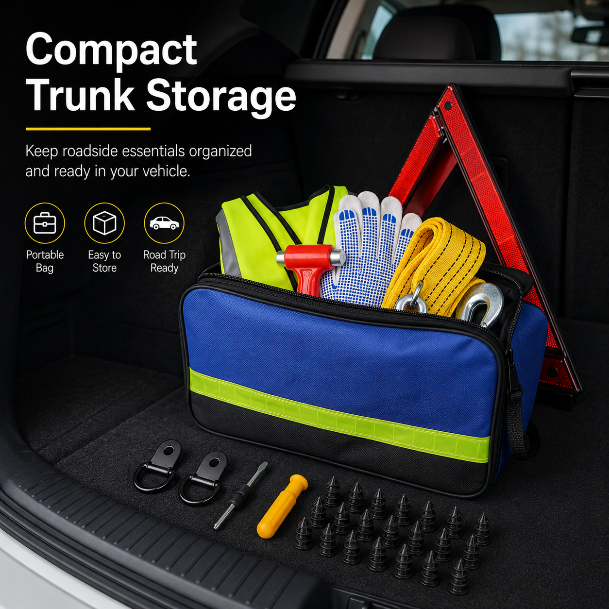Car Emergency Roadside Kit — Jumper Cables, Tow Strap & First Aid Supplies