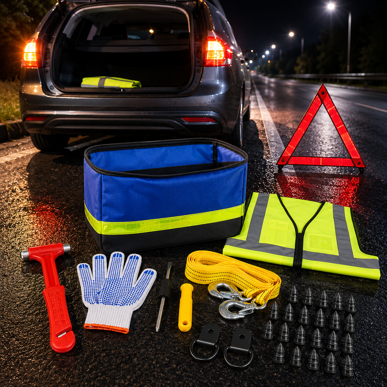 Car Emergency Roadside Kit — Jumper Cables, Tow Strap & First Aid Supplies
