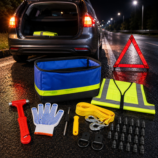 Car Emergency Roadside Kit — Jumper Cables, Tow Strap & First Aid Supplies