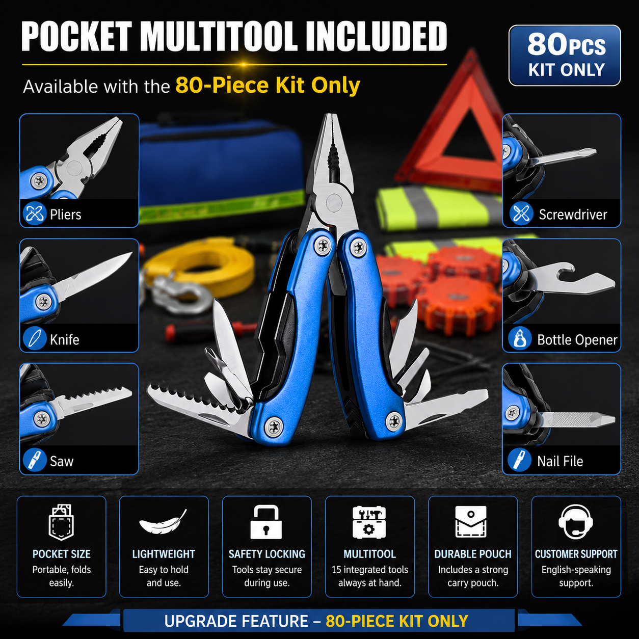 Car Emergency Roadside Kit — Jumper Cables, Tow Strap & First Aid Supplies