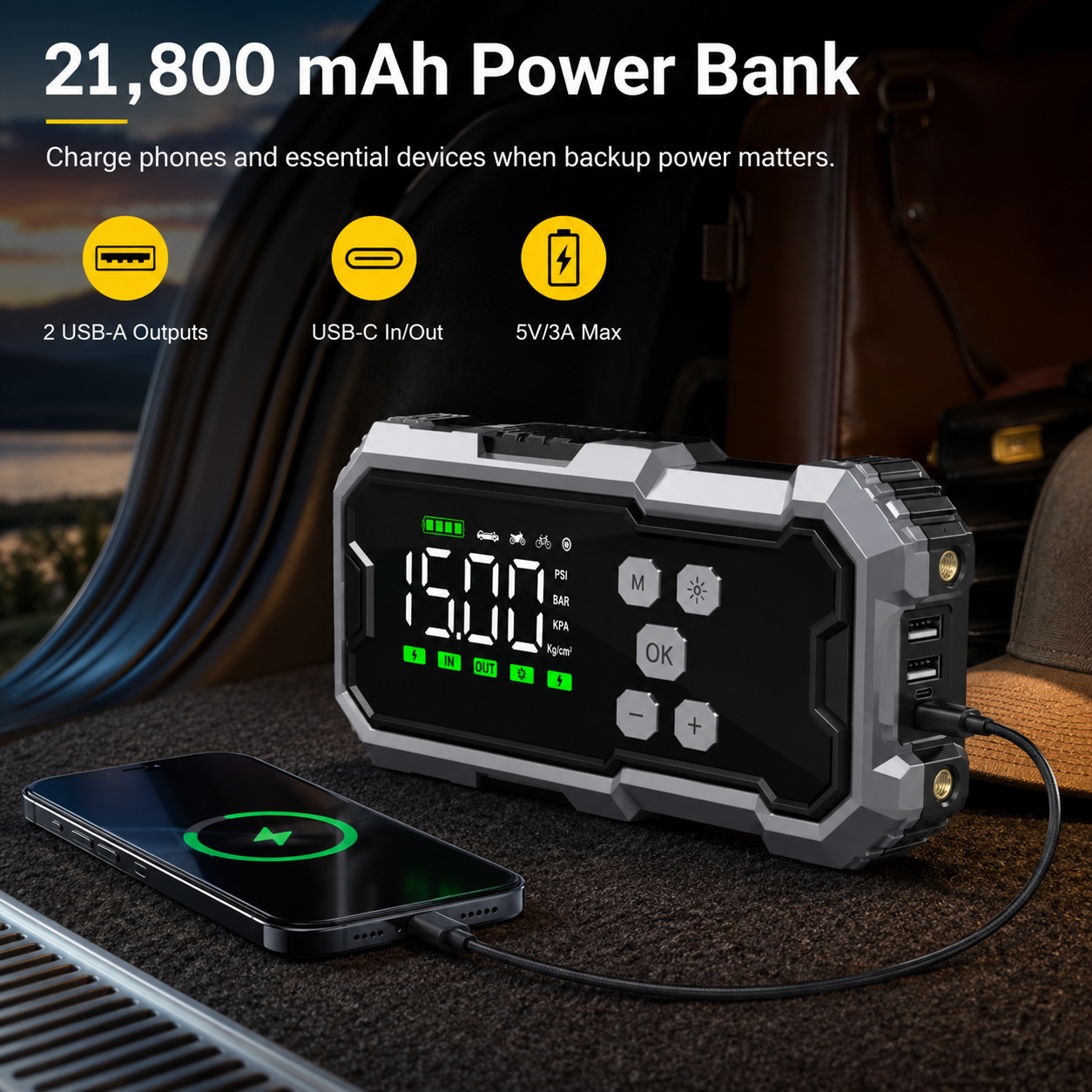 7000A Jump Starter with Air Compressor 150PSI — Car Battery Booster + Power Bank