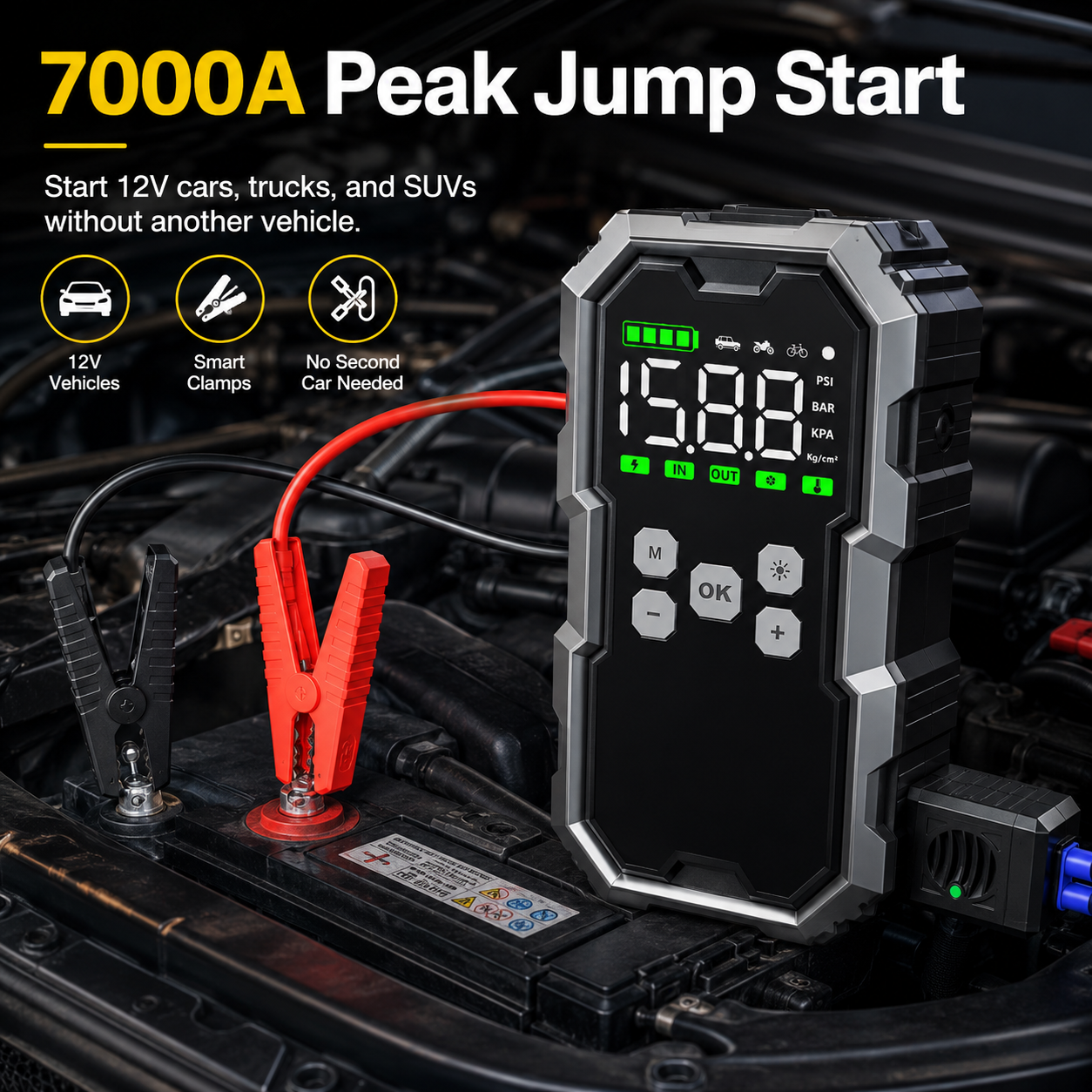 7000A Jump Starter with Air Compressor 150PSI — Car Battery Booster + Power Bank