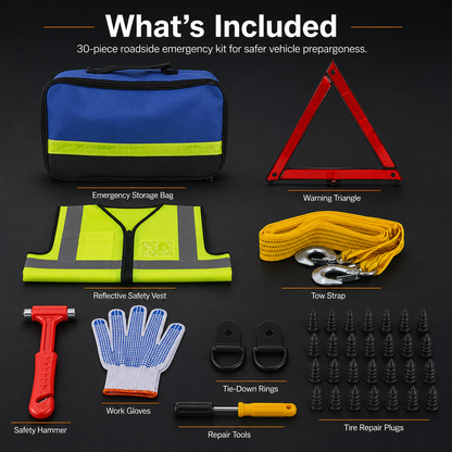 Car Emergency Roadside Kit — Jumper Cables, Tow Strap & First Aid Supplies
