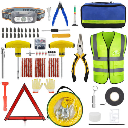 Car Emergency Roadside Kit — Jumper Cables, Tow Strap & First Aid Supplies