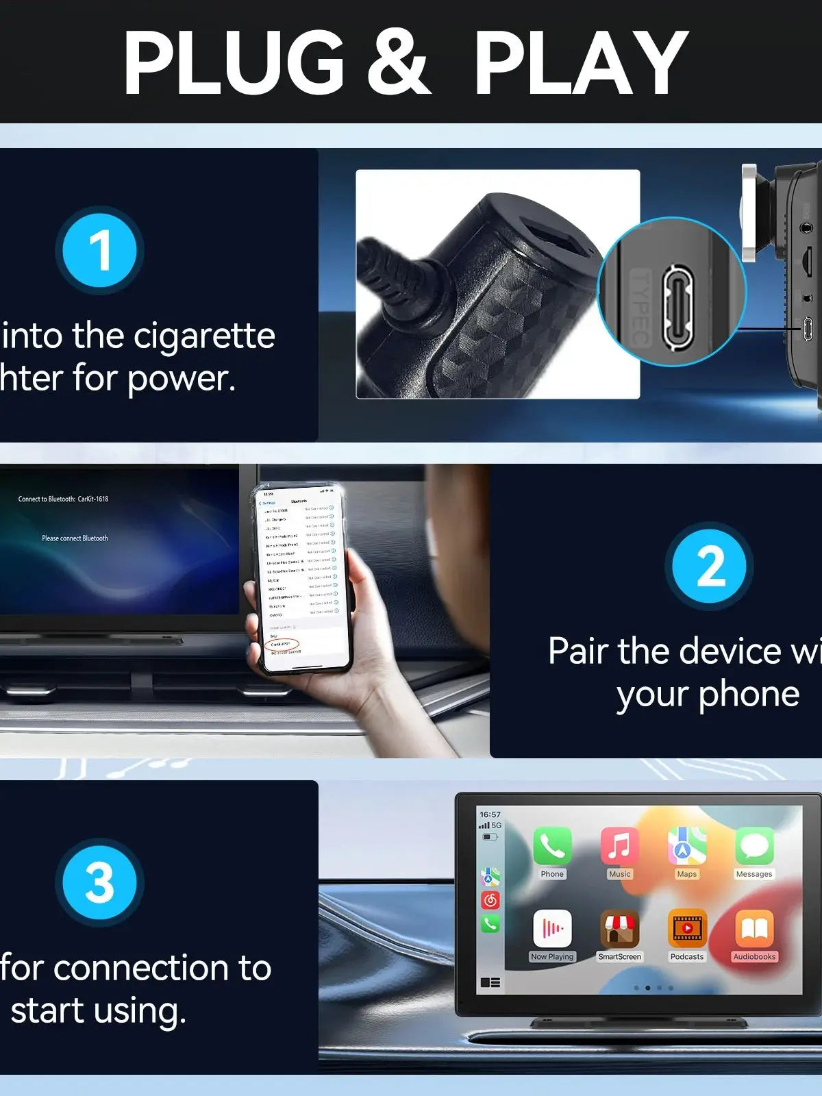 Portable Wireless CarPlay & Android Auto Screen — Plug-In Car Stereo Upgrade