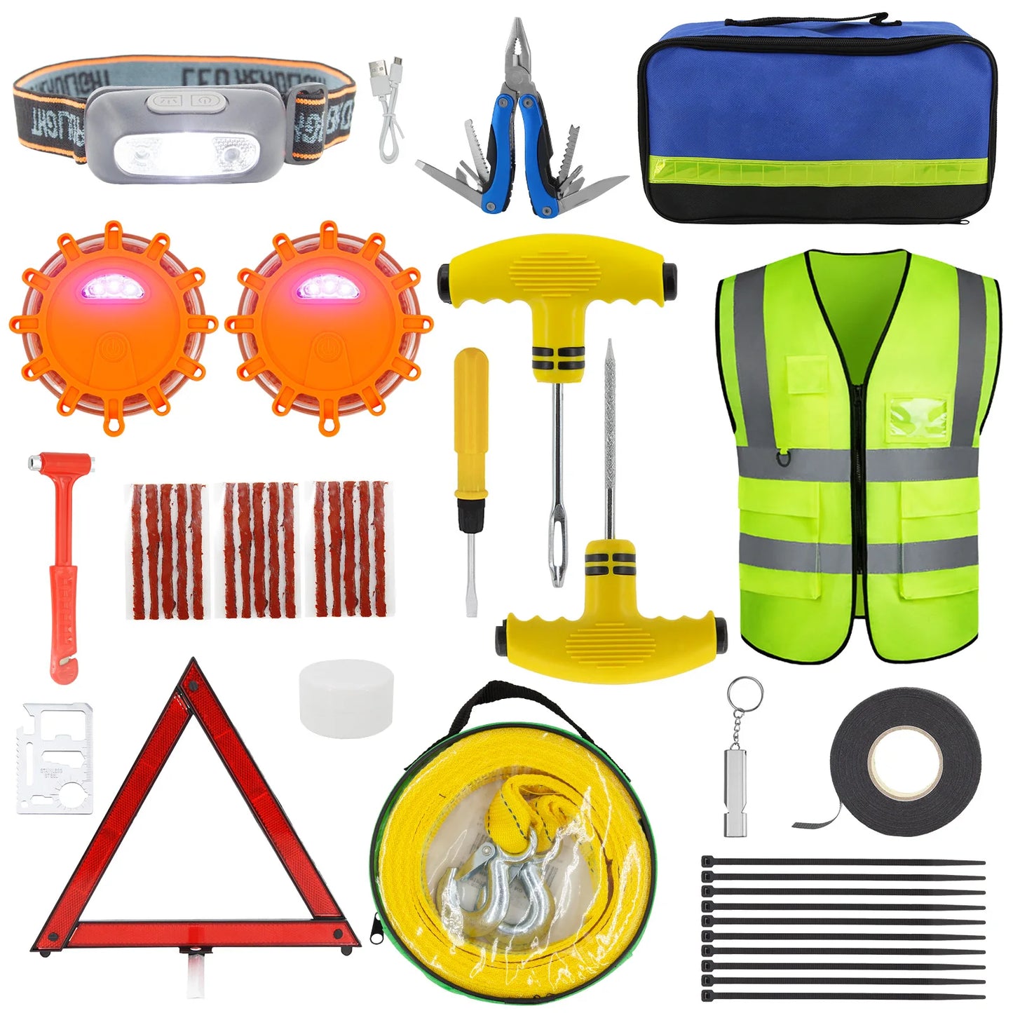 Car Emergency Roadside Kit — Jumper Cables, Tow Strap & First Aid Supplies