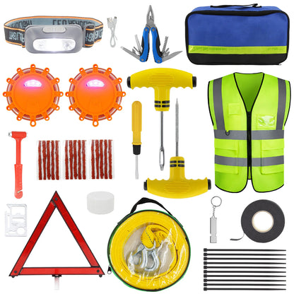 Car Emergency Roadside Kit — Jumper Cables, Tow Strap & First Aid Supplies