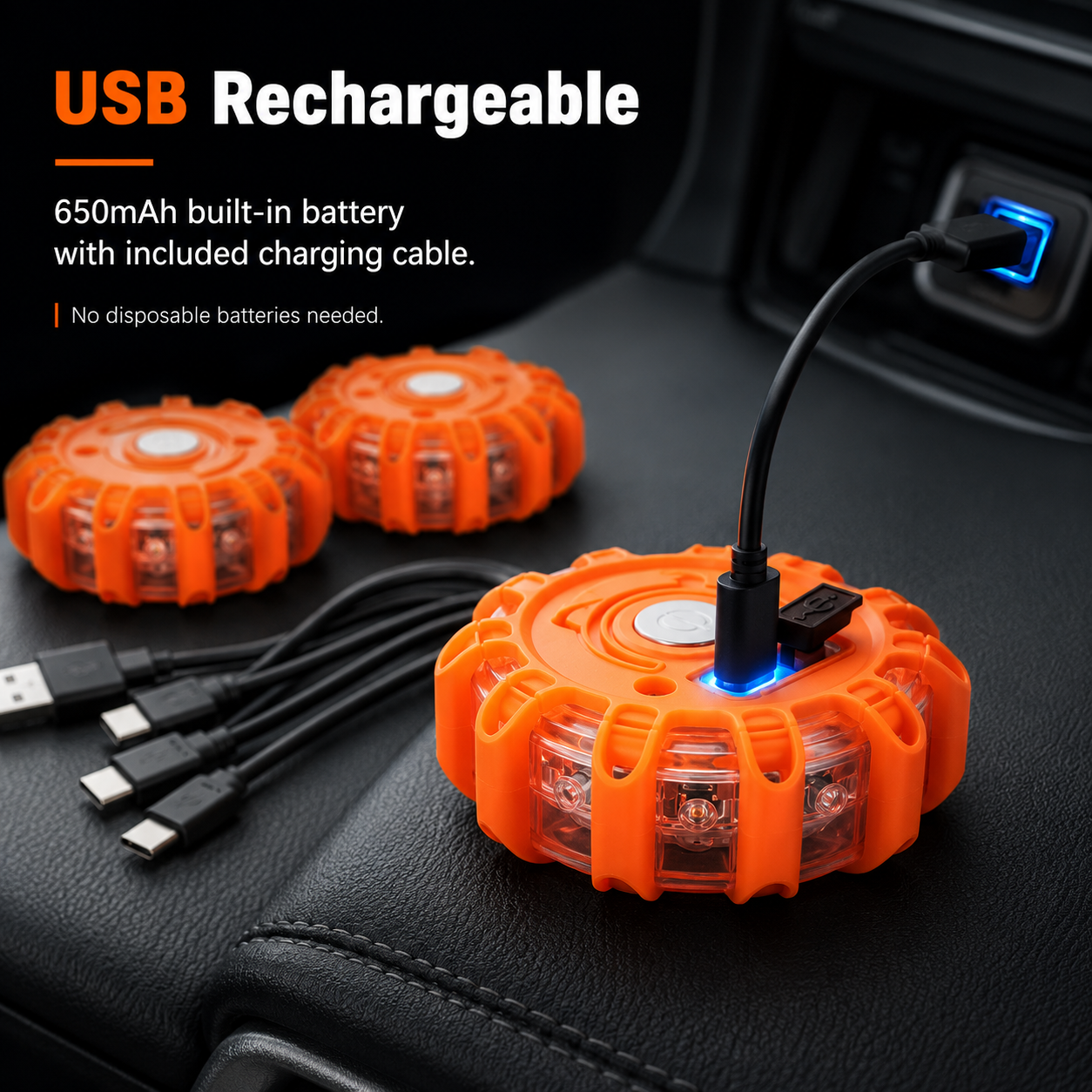 USB Rechargeable LED Road Flares — Magnetic Emergency Safety Beacon, 3-12 Pack