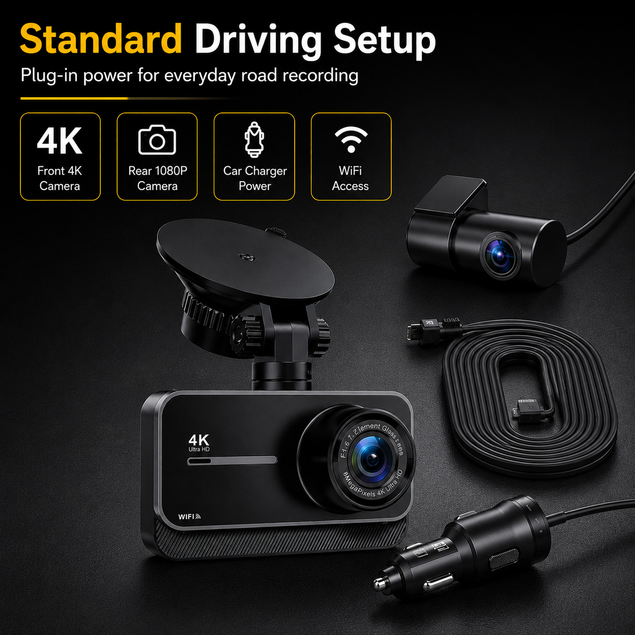4K Front & Rear Dash Cam — WiFi, Built-in GPS, 24H Parking Mode, Night Vision, 170° Wide Angle