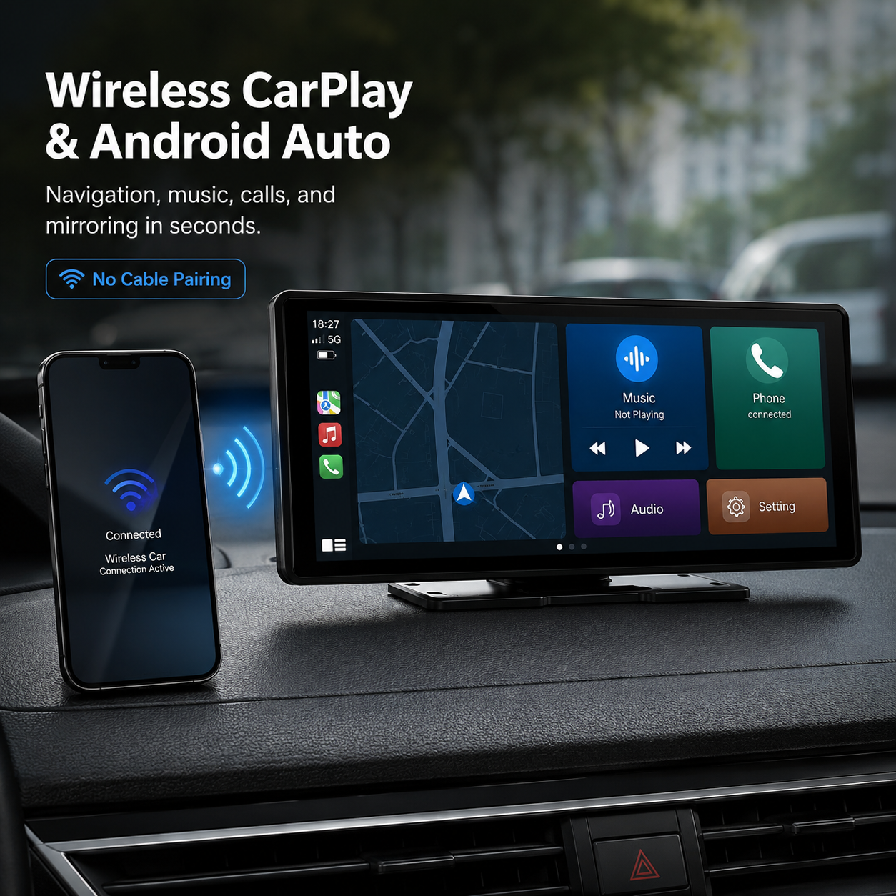 Portable Wireless CarPlay & Android Auto Screen — Plug-In Car Stereo Upgrade