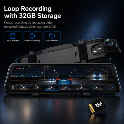 4K Front & 1080P Rear Mirror Dash Cam, 10'' Full Touch Screen Car Dash Camera, 170° Wide Angle, Night Vision, Loop Recording