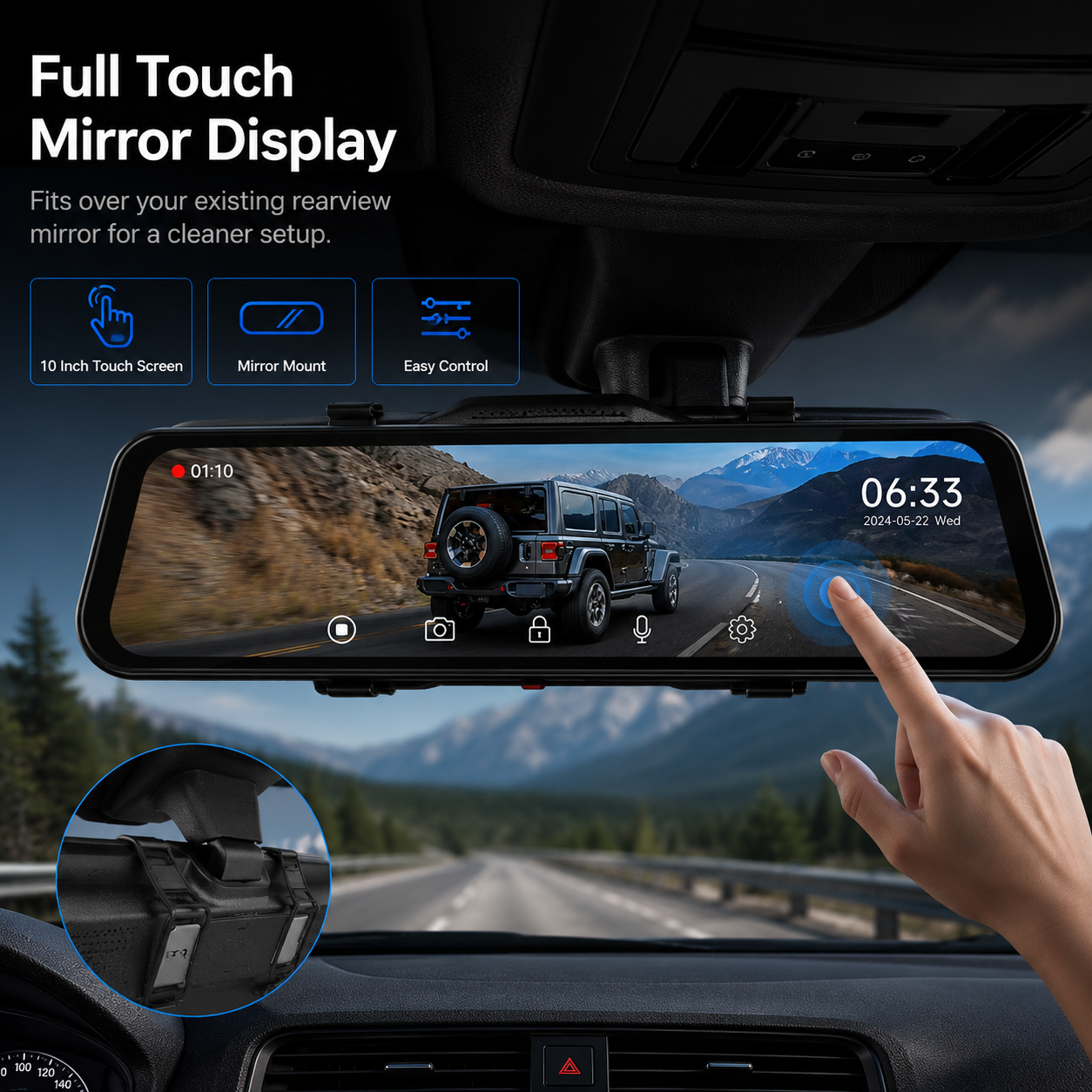 4K Front & 1080P Rear Mirror Dash Cam, 10'' Full Touch Screen Car Dash Camera, 170° Wide Angle, Night Vision, Loop Recording