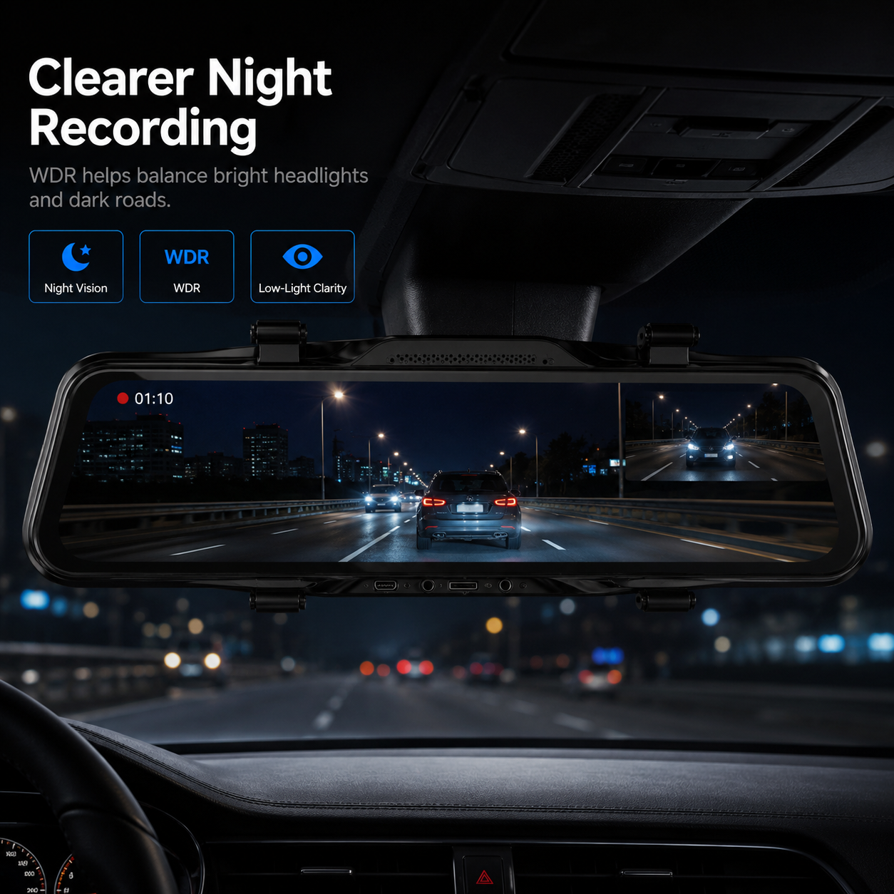 4K Front & 1080P Rear Mirror Dash Cam, 10'' Full Touch Screen Car Dash Camera, 170° Wide Angle, Night Vision, Loop Recording