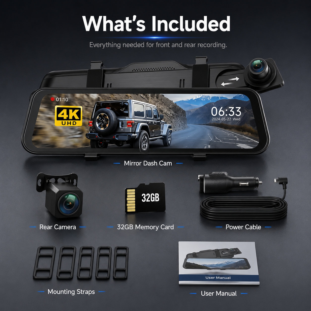 4K Front & 1080P Rear Mirror Dash Cam, 10'' Full Touch Screen Car Dash Camera, 170° Wide Angle, Night Vision, Loop Recording